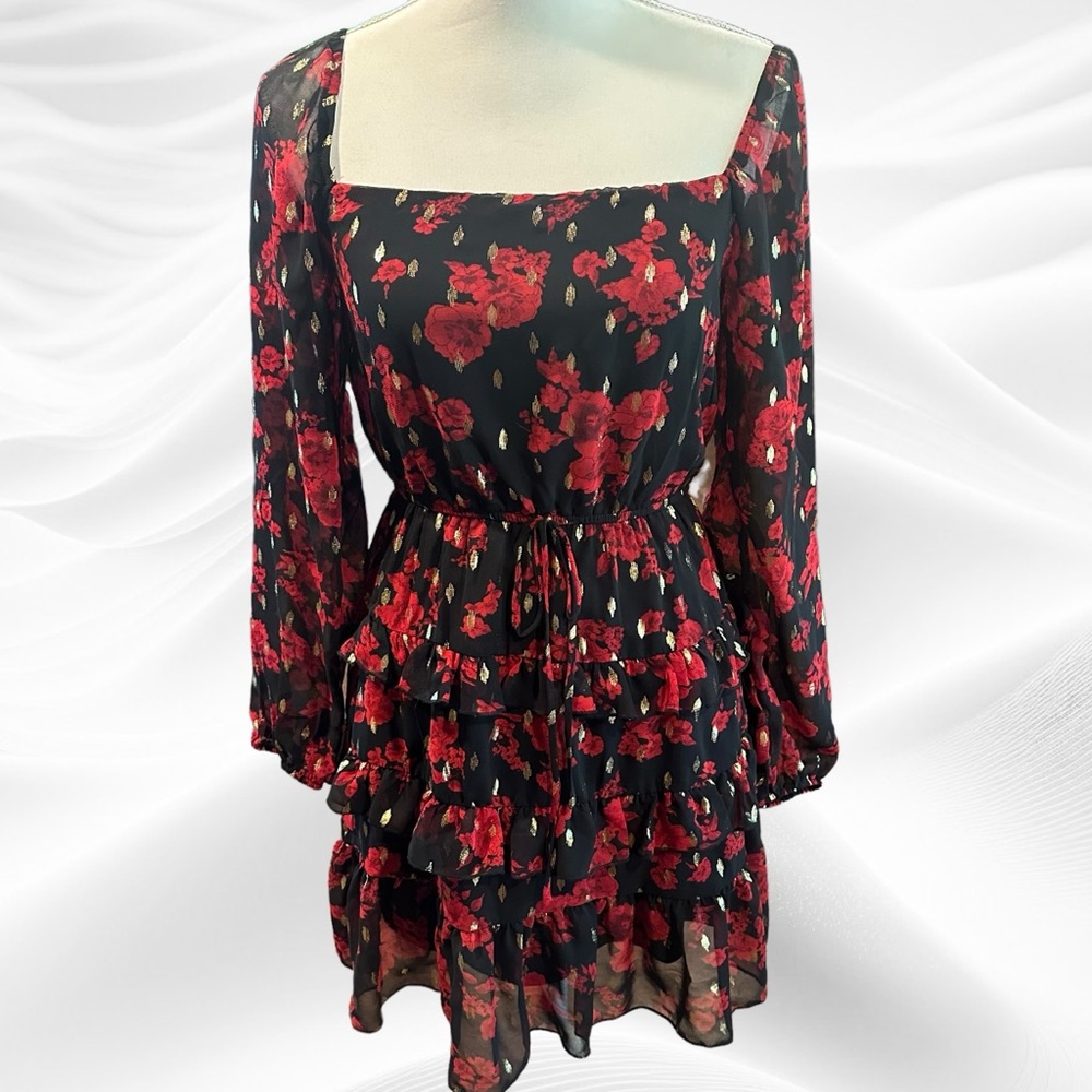 City Studio Womens Juniors Red Black Gold Floral Print Square Neck Dress Small - Picture 3 of 9